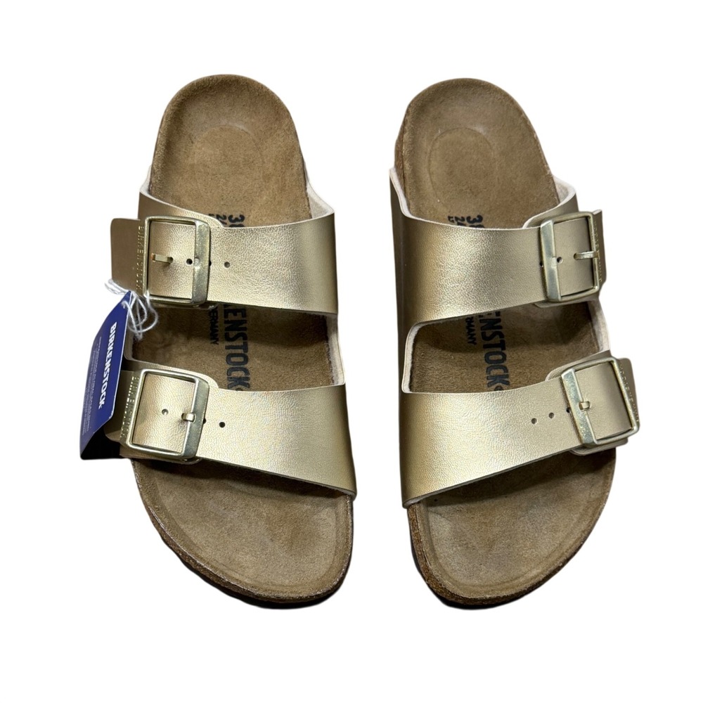 New Birkenstock Arizona Metallic Gold Sandals Womens 38 L7 M5 Slides 7953062
